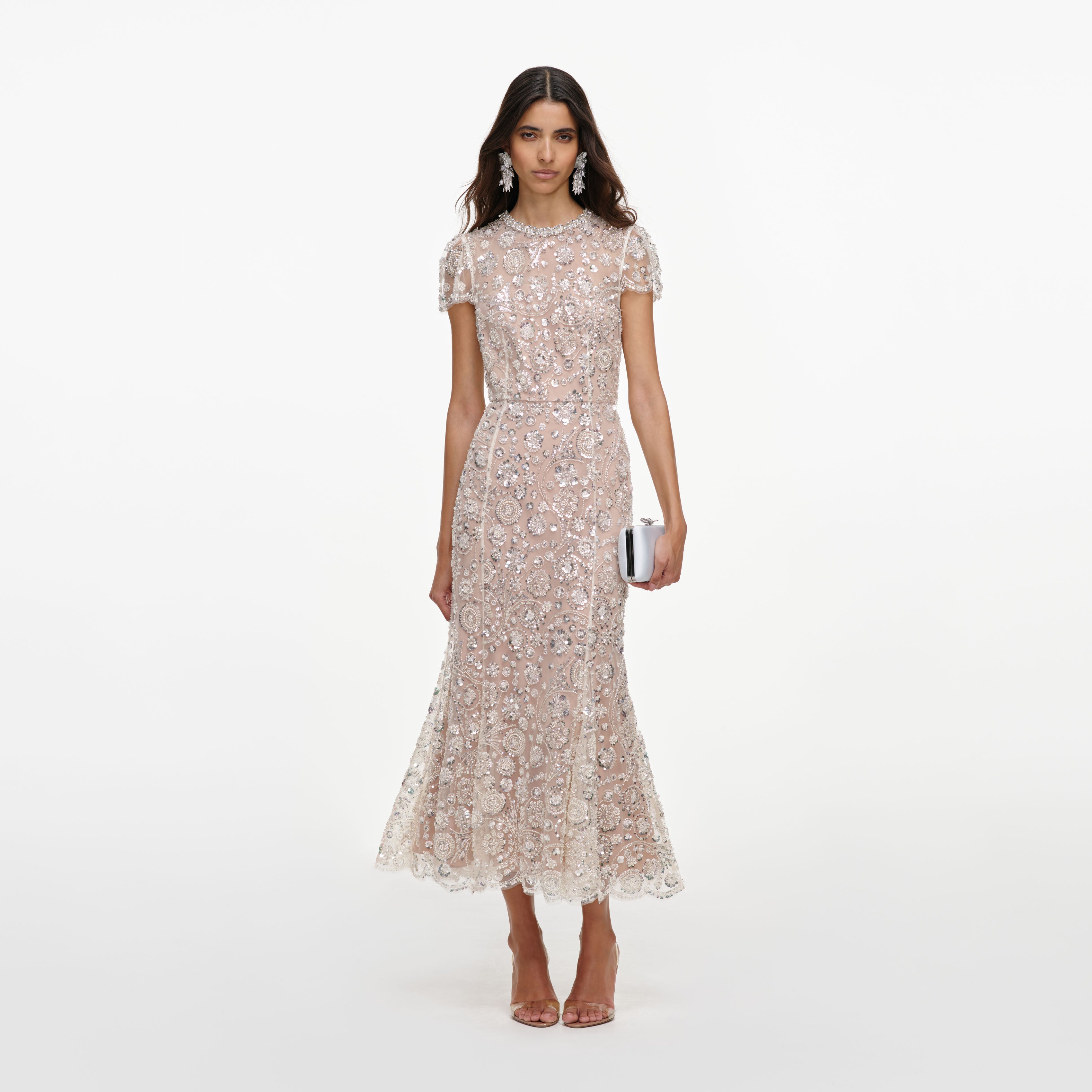 Cream Sequin Embellished Midi Dress